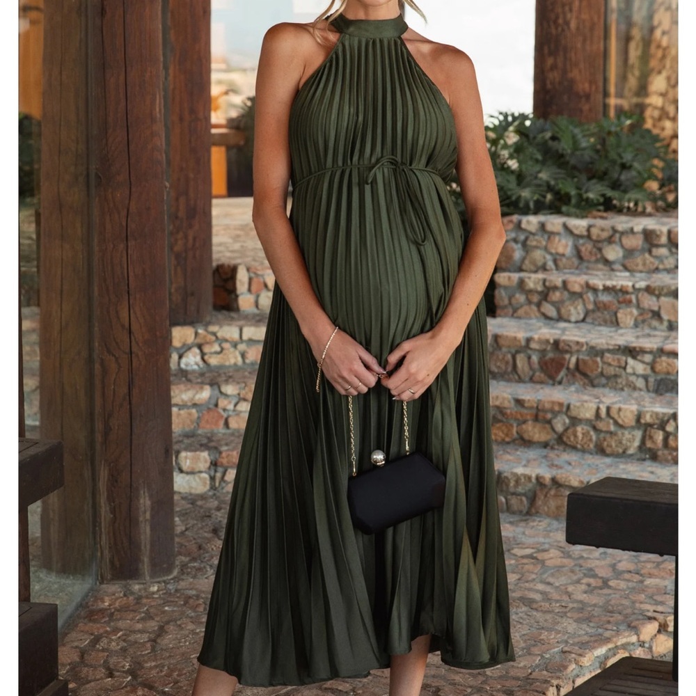 Olive Green Pleated Maternity Halter Midi Dress